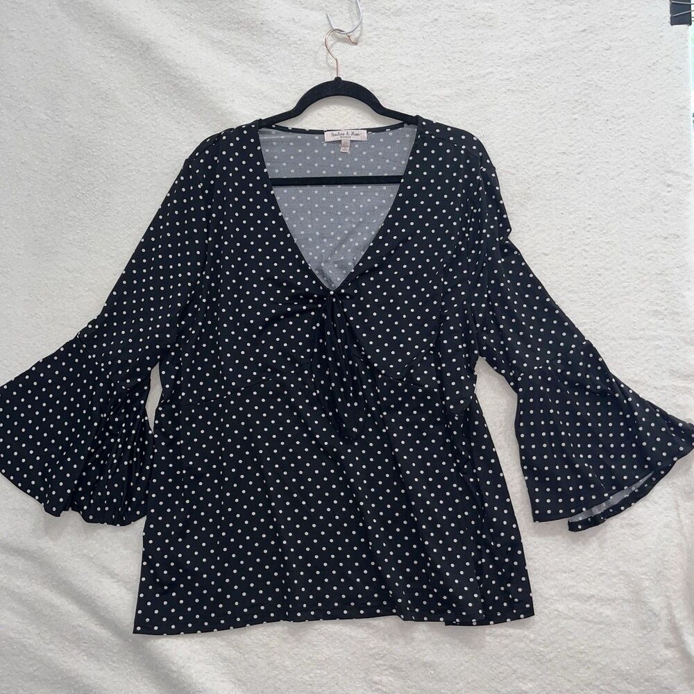 Harlow & Rose 3X Black Polka Dot Blouse Ruffle Sleeves